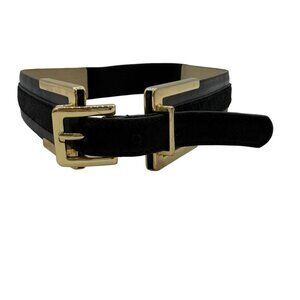 Ann Taylor Black Pony Hair & Leather Elastic Back Belt Gold Hardware Size M/L